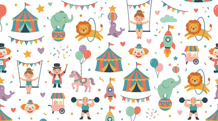 Fototapeta premium Cute Circus Carnival Seamless Pattern Flat Vector Illustration with Entertainers, Animals, and Show Elements