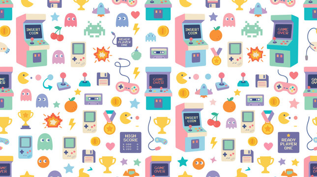 Retro Video Game Flat Design Seamless Pattern with Arcade Machines, Game Controllers  Character Icons