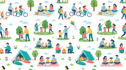 Naklejka premium Flat Illustration of Happy Families Enjoying Outdoor Summer Activities and Parenthood Lifestyle