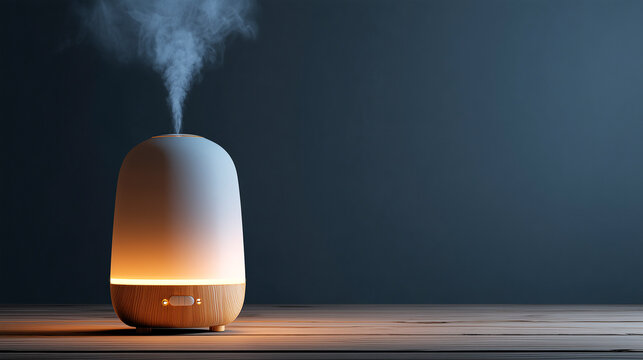 Modern ultrasonic aroma diffuser spraying steam onto a wooden surface on a dark background.