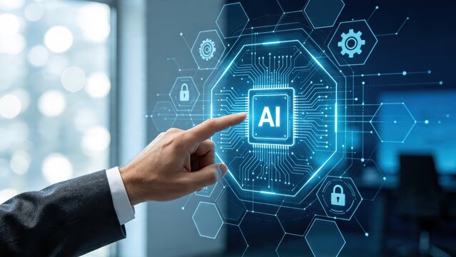 Business hand interacting with futuristic AI processor chip hologram, advanced neural network technology and cybersecurity concept for digital innovation solutions.
