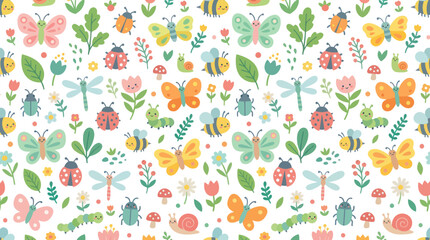 Fototapeta premium Adorable Flat Doodle Nature Seamless Pattern for Kids' Design with Cute Insects and Green Plants