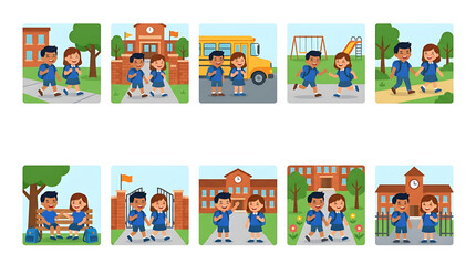 Fototapeta premium A set of cartoon children in school uniforms walking to school in various scenes with buildings and a school bus