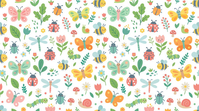 Adorable Flat Doodle Nature Seamless Pattern for Kids' Design with Cute Insects and Green Plants