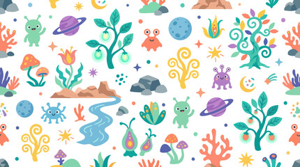 Obraz premium Whimsical Fantasy Space Nature Seamless Pattern with Cute Flat Cartoon Aliens, Planets and Plants.