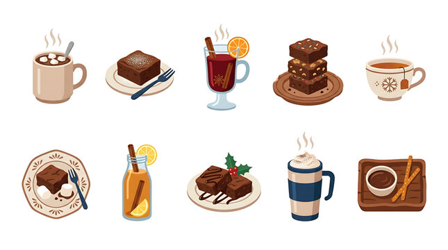 Collection of various hot drinks and sweet treats including brownies and chocolate desserts on plates and in cups