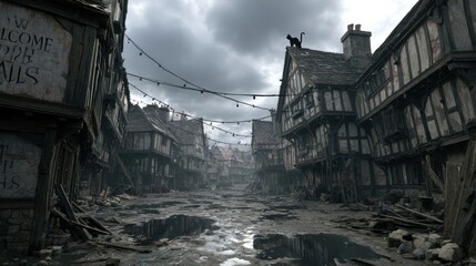 Obraz premium Abandoned half-timbered building on a rainy street with puddles and overcast sky