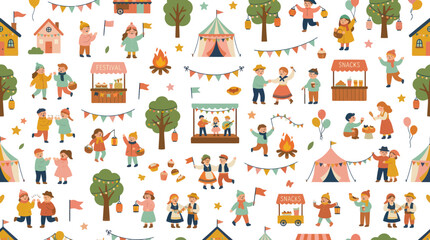 Naklejka premium Joyful Folk Festival Flat Vector Seamless Pattern: Happy People, Booths, Tents Autumn Fair Elements