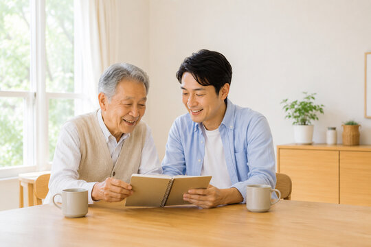 ノートを見ながら笑顔で話し合う高齢の父親と息子 家族介護・在宅ケア・生活相談のイメージ