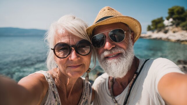 senior couple tourist. Enjoy free time outdoors near the sea on the beach. Looking at the camera while relaxing on a clear day Poses for travel selfies smiling happy tropical
