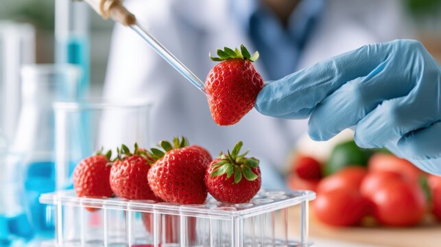 Scientist check chemical food residues in laboratory. Control experts inspect quality of fruits, vegetables. lab, hazards, ROHs, find prohibited substances, contaminate, Microscope, generate by AI