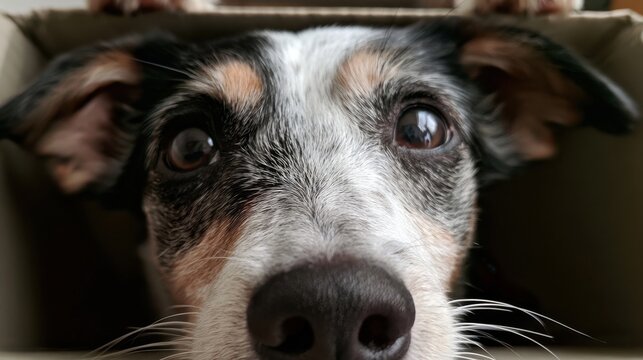 A cute dog with black, white, and tan fur looking up from inside a cardboard box