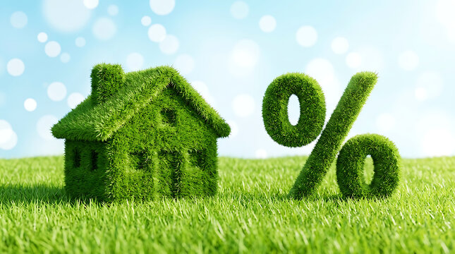 Green house with percentage sign made of grass on a lawn outdoors