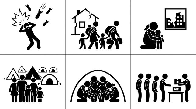 Black and white stick figure icons depicting refugees fleeing from war and receiving humanitarian aid