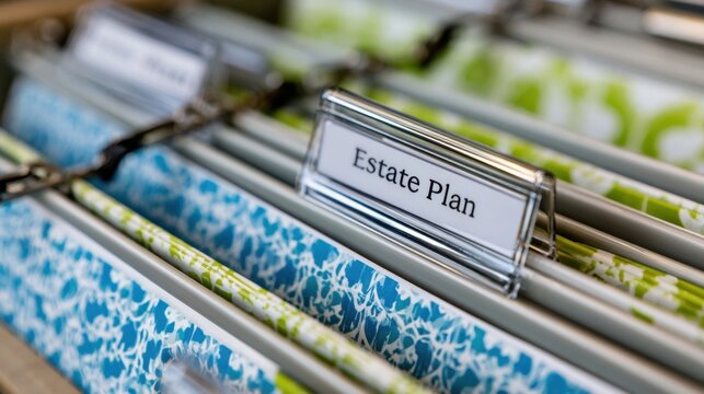 A filing drawer with a labeled tab reading estate plan among blue and green folders