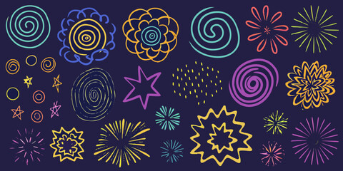 Fototapeta premium Colorful Spiral And Floral Ornament Pattern On Dark Navy Background