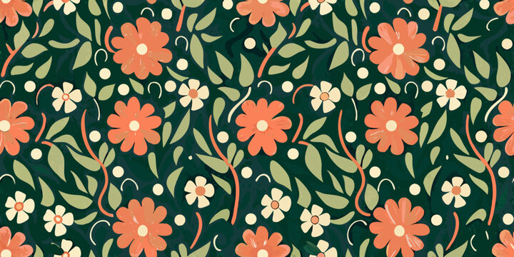 Floral ornament with orange and white blossoms on dark green background