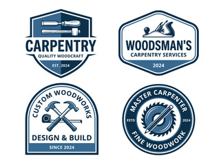 Obraz premium A collection of four distinct carpentry service logos featuring icons, text, and modern design elements that reflect quality woodworking and craftsmanship.