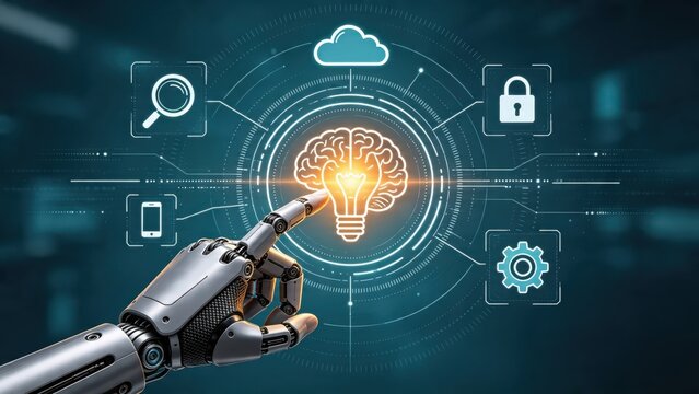Robotic hand touching brain lightbulb icon, symbolizing AI innovation, machine learning, and creative thinking in futuristic digital interface with security and settings options.