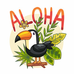 Fototapeta premium A vibrant toucan perched on a branch surrounded by tropical elements, with the word ‘Aloha’ prominently displayed, perfect for summer or vacation themes.
