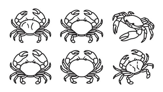 Collection of crab icons in various poses with crustacean creature shellfish illustration monochrome underwater wildlife environment isolated collection movement scavenger