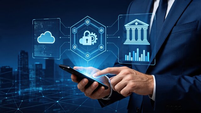 Businessman using smartphone for secure mobile banking, fintech application with cloud computing and data protection concept