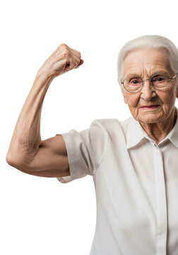 very elderly caucasian woman (90s) with deep facial lines, silver-white hair, and wire eyeglasses flexing a taut bicep against a transparent studio background. concept of powerful senior strength