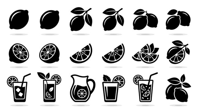 Versatile lemon fruit concept and refreshing citrus drink silhouettes vector icons