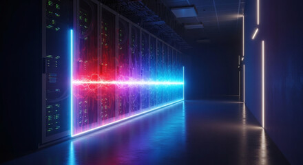Fototapeta premium Futuristic Data Center with Glowing Digital Energy Beam Representing High Speed Data Transfer and Cloud Computing
