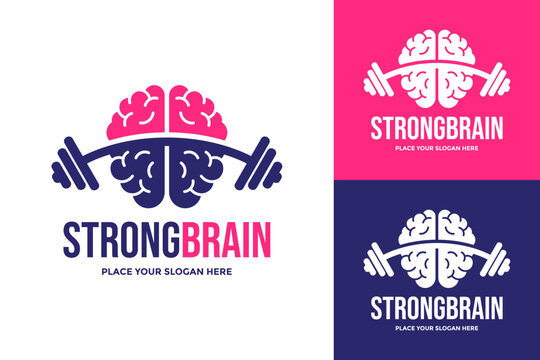 Brain shaped like a barbell or lifting weights logo design. Excellent for mental health, mind power, intelligence, or psychology concept.