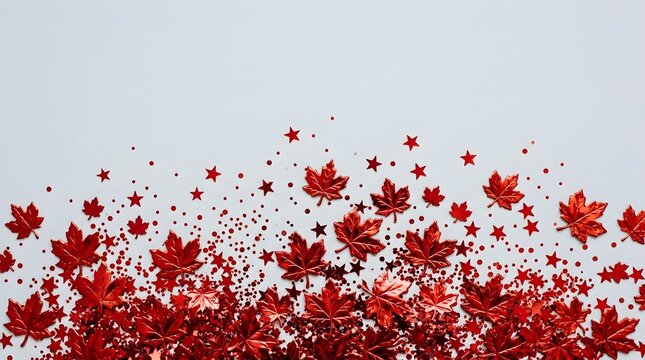 Autumn maple leaves and red star confetti on white background