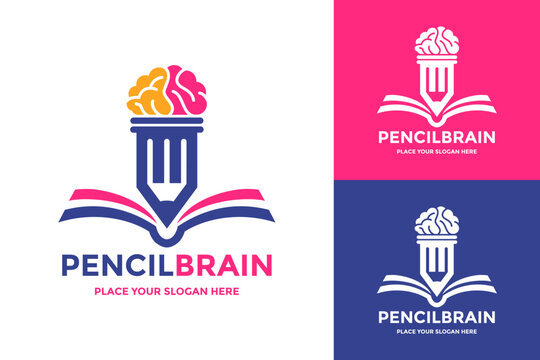 Pencil brain book logo design. Creative writing education and smart learning vector concept.