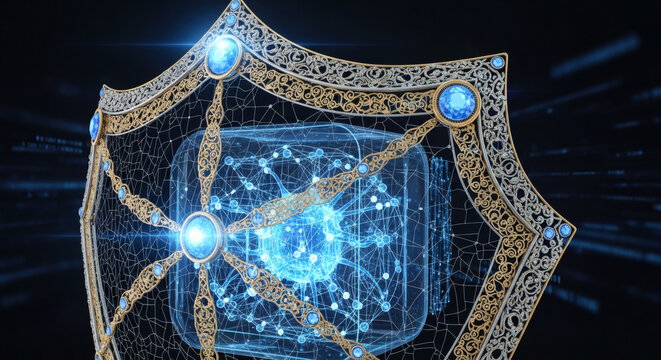 Futuristic digital shield protecting cyber data core network security concept