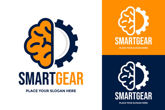 Smart gear brain logo template. Artificial intelligence and machine learning mechanical mind concept.