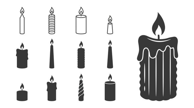 Set of candle silhouette and outline icons for design projects