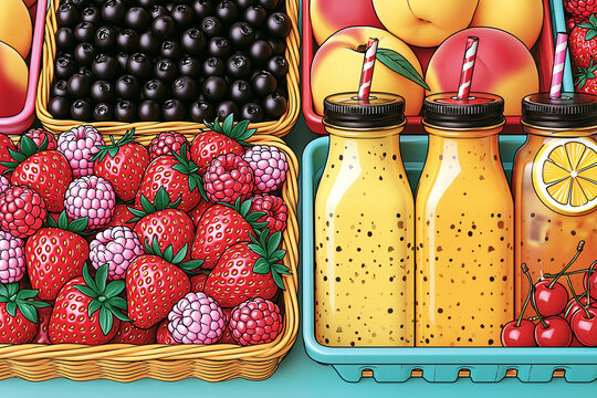 Tropical Fruit Drinks and Berries in Colorful Market Baskets