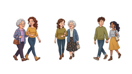 Obraz premium Set of illustrations showing different relationships and generations walking