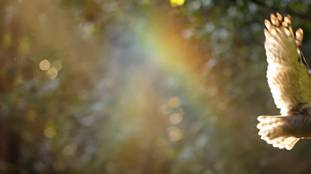 Majestic Great Horned Owl Flying Through Forest at Sunset