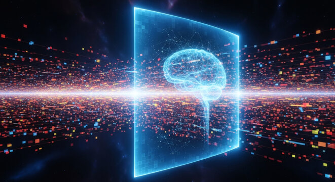 Artificial intelligence concept with glowing blue digital brain on virtual screen surrounded by big data stream