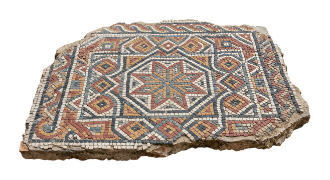 Ancient Roman mosaic floor fragment with geometric star pattern isolated on transparent background
