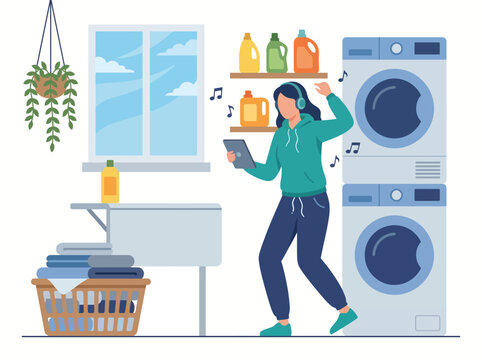 A person joyfully dancing in a laundry room while listening to music on headphones, highlighting the concept of making chores enjoyable and cheerful in daily life.