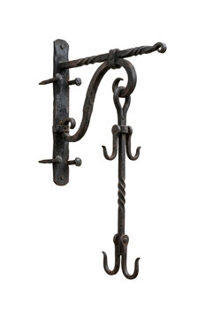 Rustic forged iron wall bracket with hanging hook isolated on transparent background