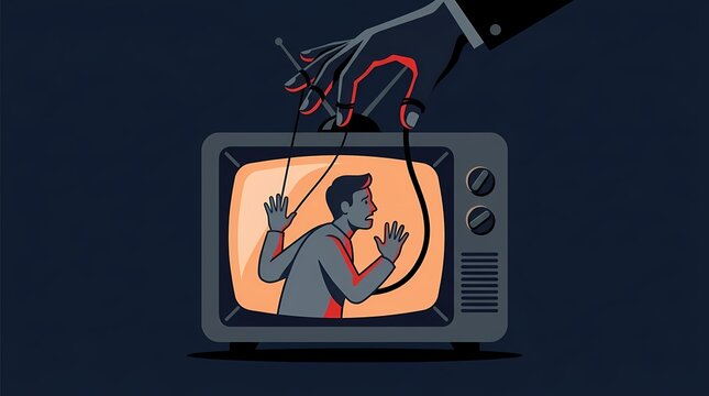 Illustration of media manipulation with a puppet master controlling a man inside a television screen.