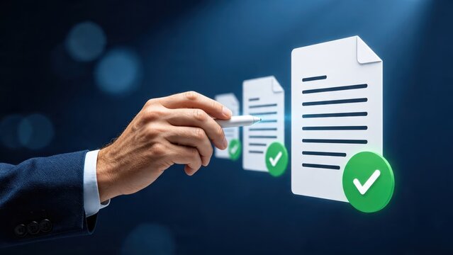 Business professional signing document with pen, symbolizing contract approval or agreement completion with green checkmark icons indicating success.