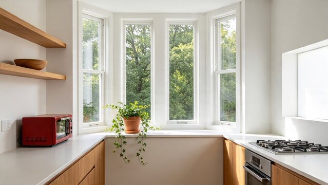 Bright modern kitchen interior with bay window overlooking green trees, wooden shelves, red toaster, potted plant, white countertop, gas stove, natural light, cozy home atmosphere