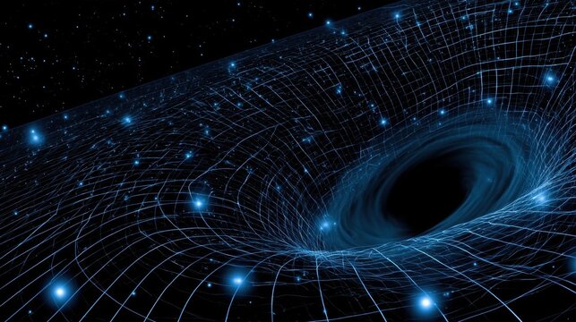 Abstract visualization of a black hole warping spacetime with glowing blue grid lines and stars