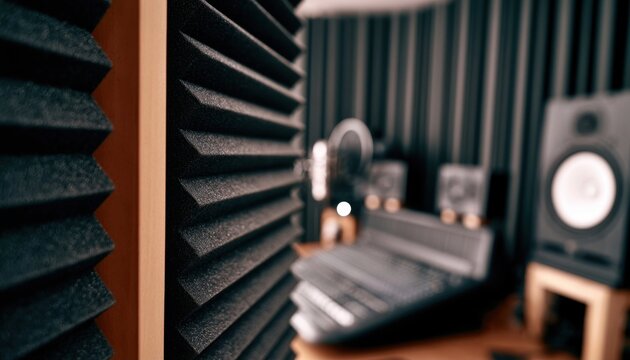 Acoustic foam panels with ridged texture line the walls of a recording studio mixing area