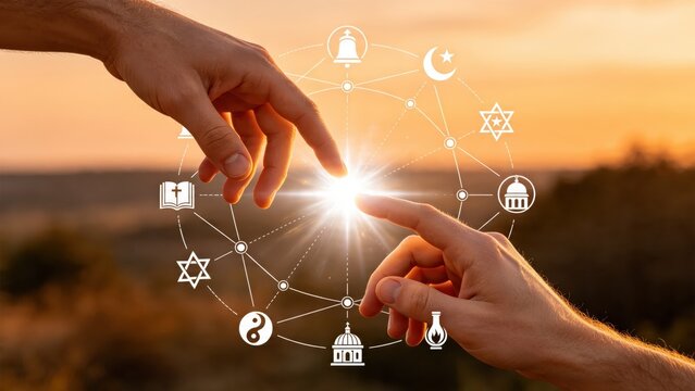 Two hands reaching towards each other touching a bright light surrounded by religious symbols representing unity, faith