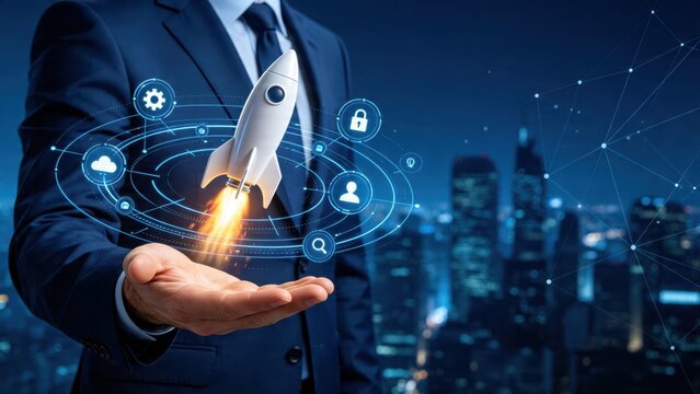 Businessman holding hand with holographic rocket launch, startup concept, innovation, technology growth, digital transformation, futuristic interface icons, business success