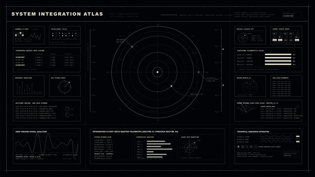 System Integration Atlas HUD Dashboard with Radar Charts Data Panels and Technical Metrics on Dark Background for Military Technology and Data Visualization Design